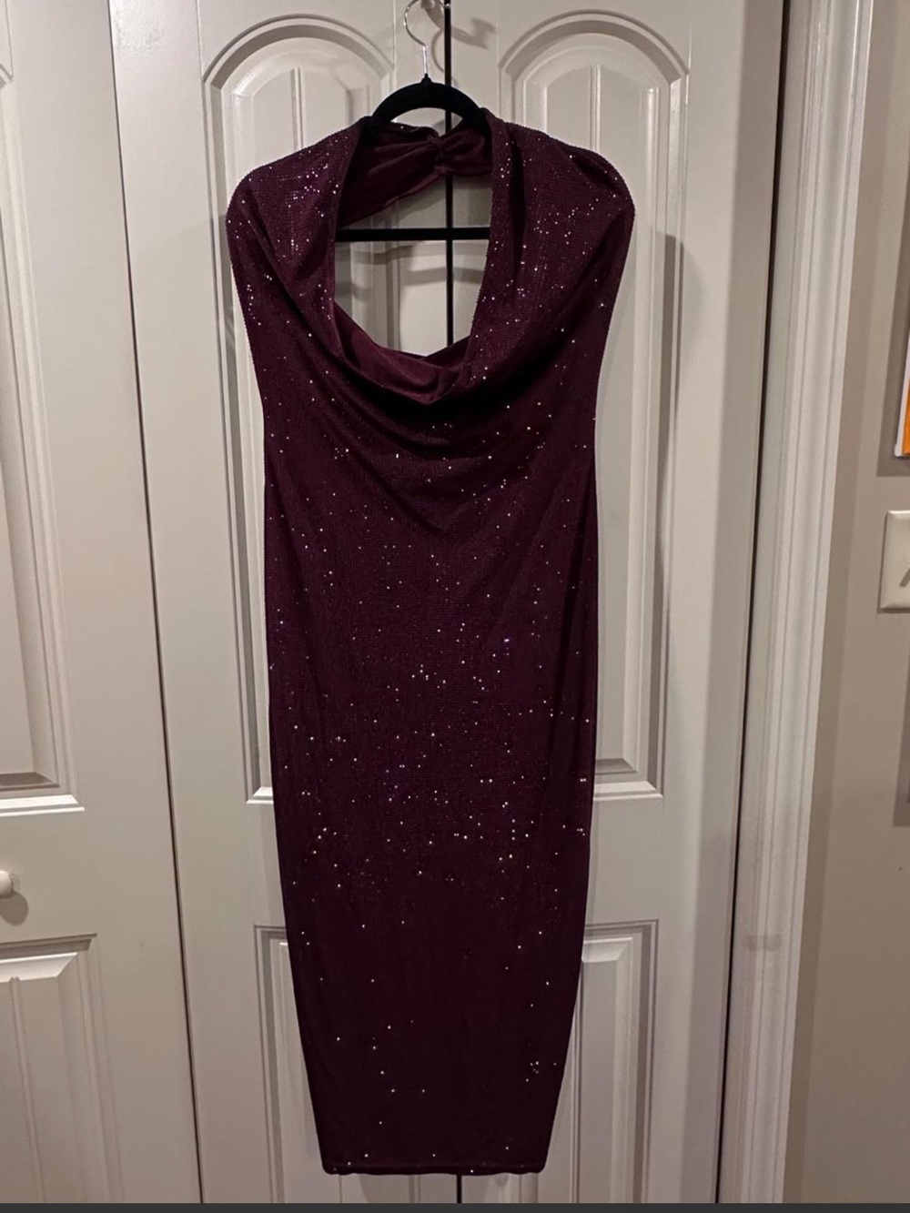 Cowl Neck Burgundy Rhinestone Midi Dress - Picture 3 of 8